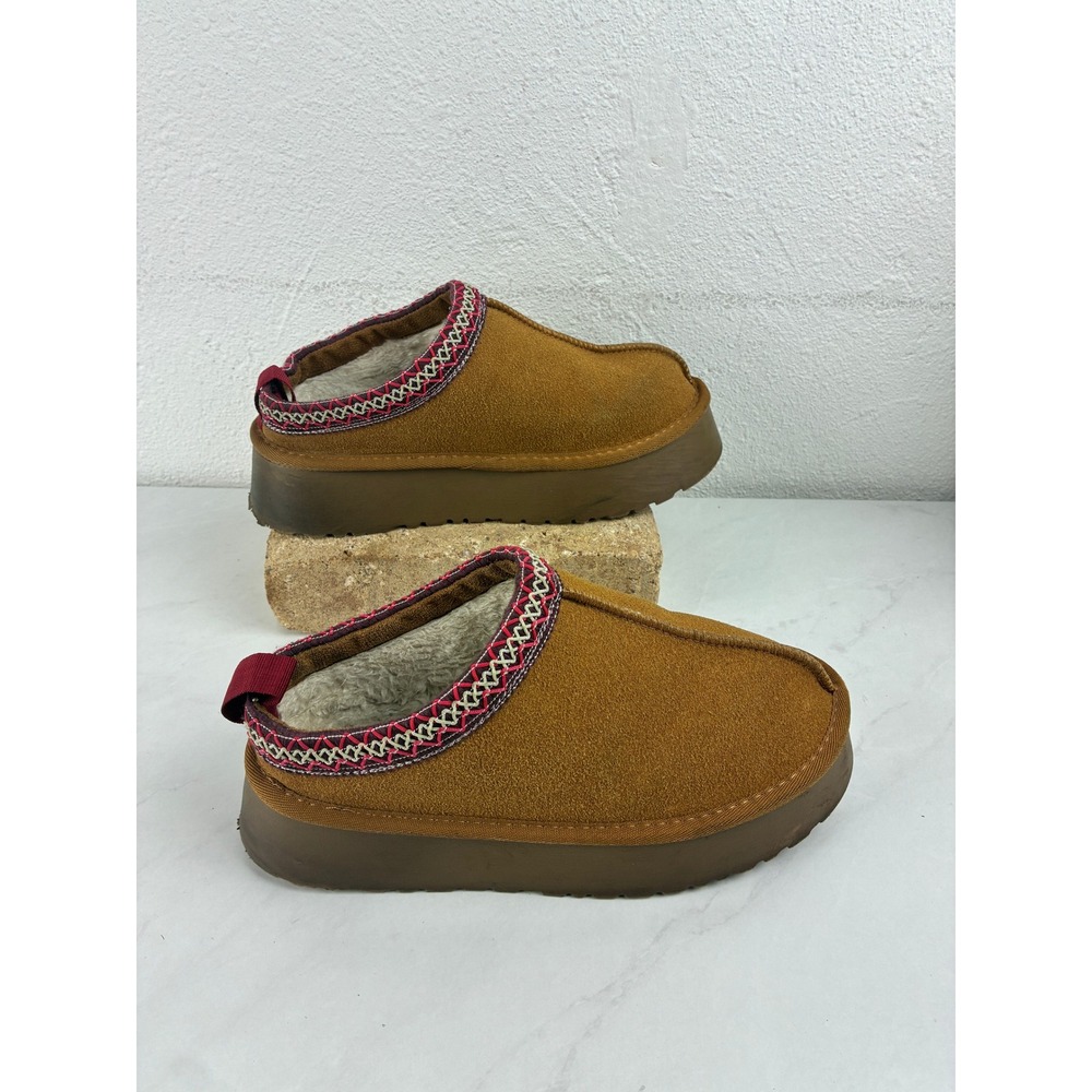French Connection Brown Suede Platform Slippers Embroidered Braid Trim Cozy Boho